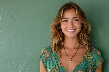 Fototapeta premium A woman is smiling and standing in front of a green board. She is wearing a green shirt and a green tie