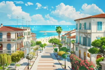 View to beautiful town with main boulevard promenade, seaside beach and Mediterranean sea.