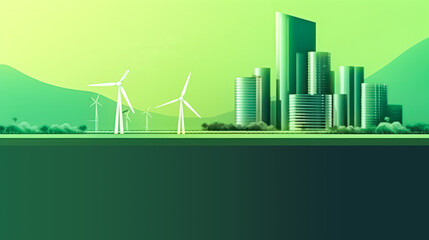 A green landscape featuring houses and windmills