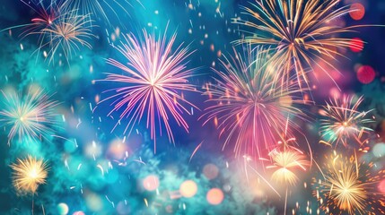 Fototapeta premium Colourful holiday fireworks on blue background illustration. Independence Day celebration concept 