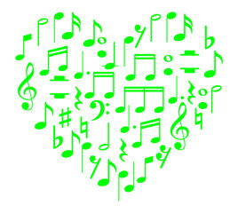 Heart Shape created from Musical Notation Sign or Musical Key Icon Symbol, can use for Logo Gram, Pictogram, Art Illustration, Decoration, Ornate, Background, Cover, Music Event Poster, etc.