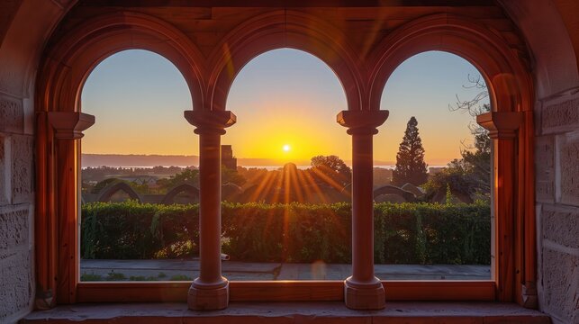 Franciscan-style archivolts feature serene lines and natural wood, glowing warmly in the sunset, adding timeless charm.