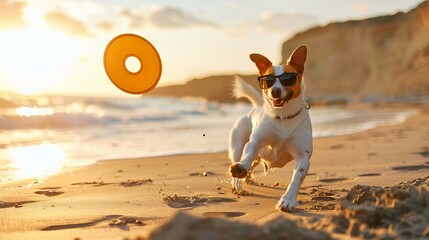 Excited Dog Running with Sunglasses and Frisbee on Beach