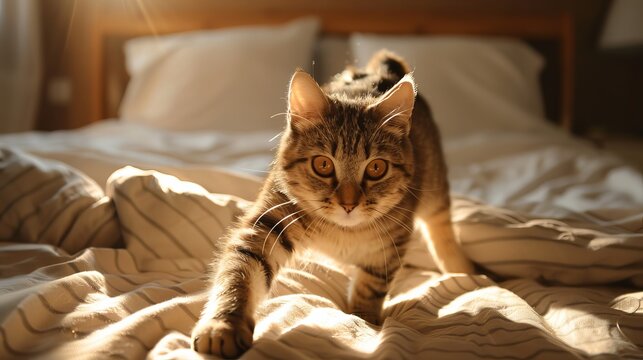 Joyful Cat Chasing Laser Pointer in Bedroom