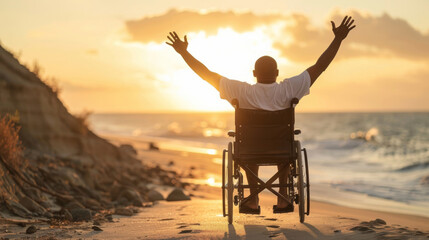 Rear view of a man in a wheelchair on the beach, arms raised in joy at sunset