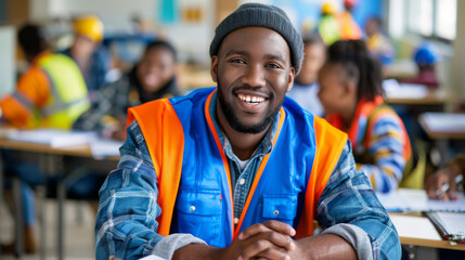 Smiling male construction worker in safety vest takes part in classroom training