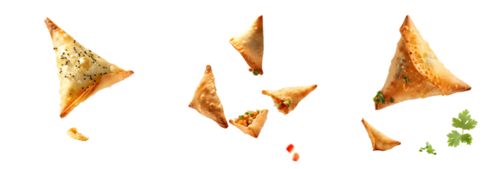 Crispy samosas with diverse fillings on white background