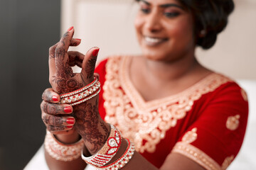 Indian, bride and hands with henna, bracelet and morning of wedding, luxury and culture for woman....