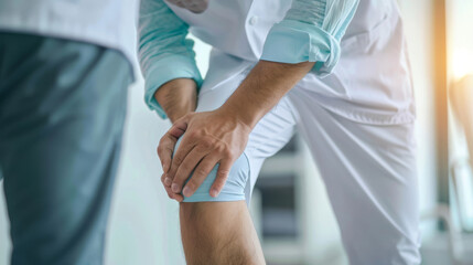 Close-up of a medical professional palpating a patient's knee to diagnose injury