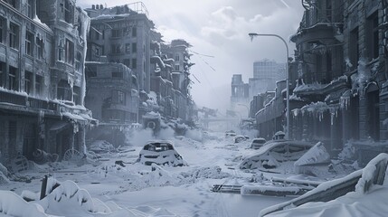 A desolate cityscape with a broken cars in the snow. Nuclear winter concept