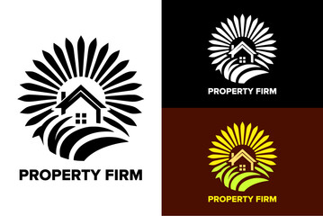 property firm house builders sunburst grass farm home real estate construction company logo design vector silhouette