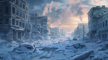A desolate snowy cityscape with a car in the middle of the street. Nuclear winter concept