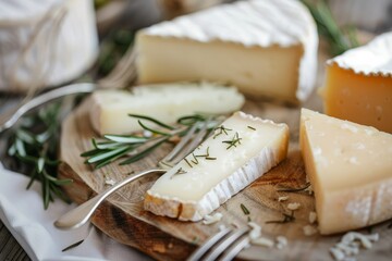 Cheese platter with rosemary and fork