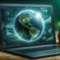 Fototapeta premium green globe with a stock chart on the laptop screen. Green business concept. Digital sustainability. Future green energy innovation business trend 