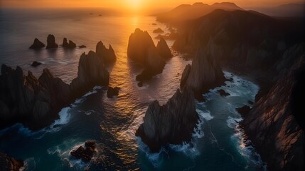 Dramatic coastal cliffs and rock formations illuminated by the warm hues of a setting sun over a serene ocean landscape. - Powered by Adobe