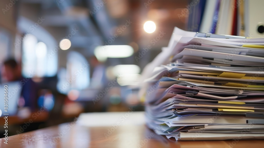 Poster Large stack of documents on an office desk with blurred background. High workload and tasks.