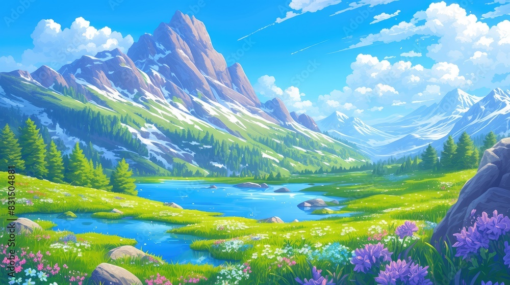 Wall mural experience a captivating spring mountain scenery adorned with a serene lake and vibrant flowers in t