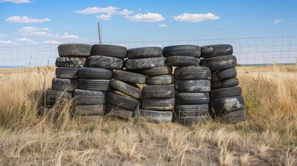 Obraz premium Rural Barrier - Stack of Tires Used as Makeshift Roadblock in Countryside