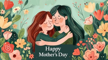 A mother and daughter hugging, surrounded by flowers in the style of cartoon, with the words "Happy Mother's Day" written below them, clipart for an Instagram story, in digital illustration, flat desi