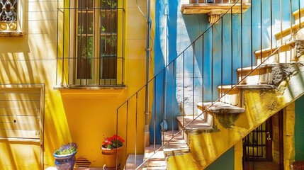   A set of stairs leads up to a yellow building, with a flower pot positioned in front