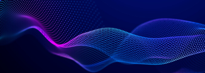 Particle stream. Purple background with many glowing particles. Information technology background. 3d rendering.
