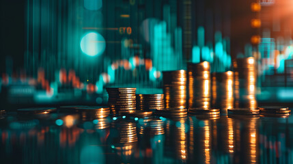 a series of stacked coins with varying heights, arranged from left to right. In the background, there’s an out-of-focus digital graph line, suggesting a financial market trend
