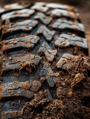 Rough and Tough: Close-up Shot of an All-Terrain Tire Covered in Dirt and Debris