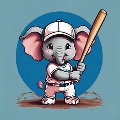 Cute baby elephant baseball player Vector Logo little animal character, illustration simbol print