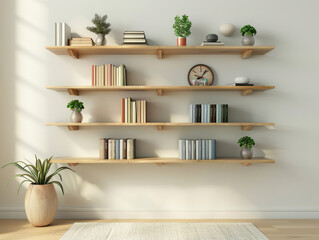 Shelves with books on white wall In a living room, modern interior.