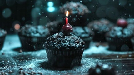   A cupcake with a candle on top, surrounded by other cupcakes on a table