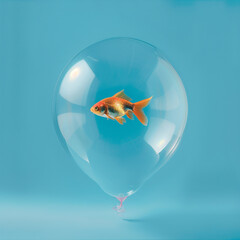 Goldfish in a balloon flying isolated on a pastel blue background. Creative, minimal concept.