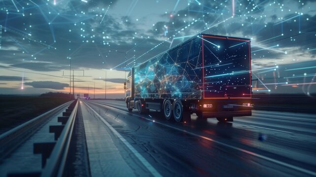 Futuristic Truck with Digital Network at Sunset, Generative AI