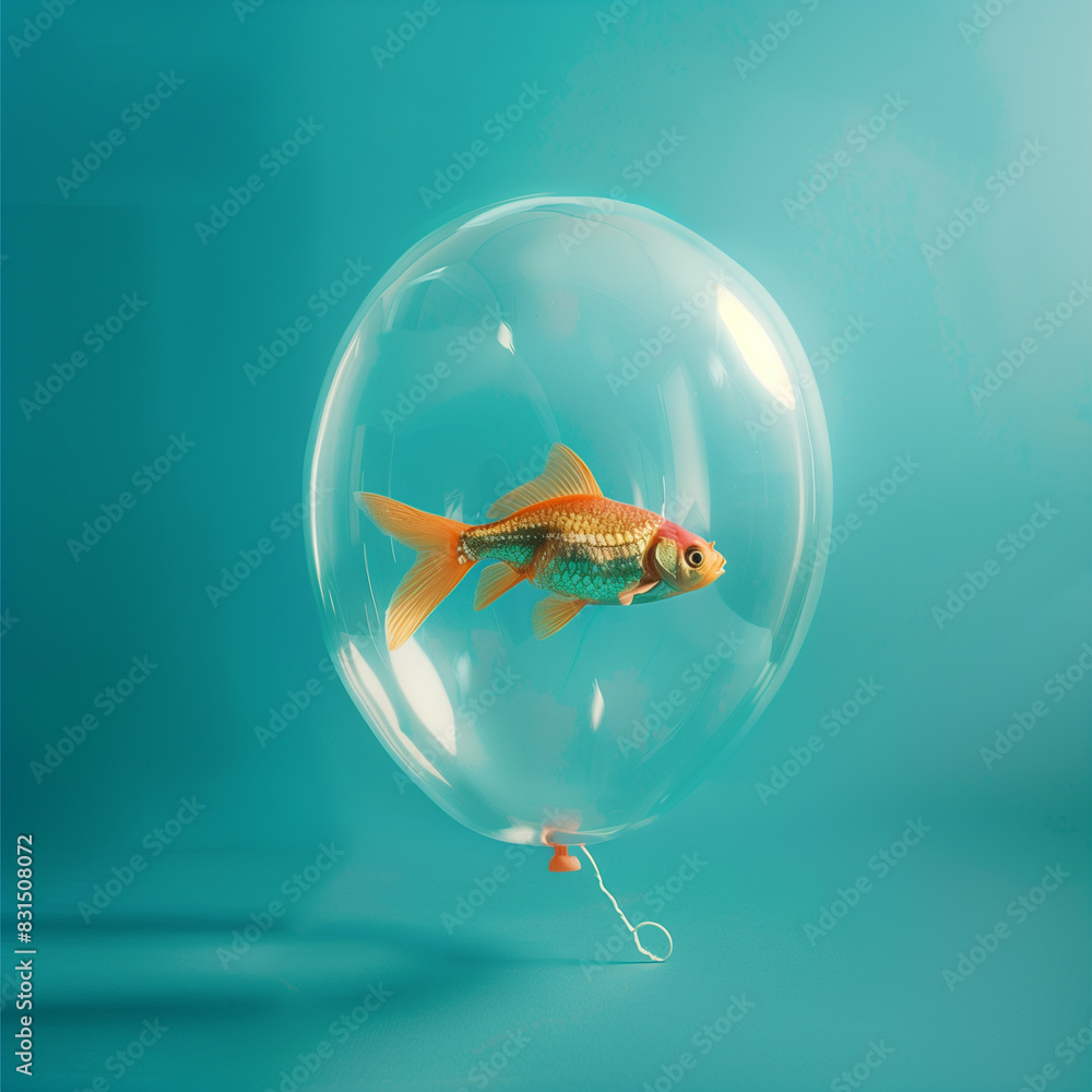 Wall mural Goldfish in a balloon flying isolated on a pastel blue background. Creative, minimal concept. - Wall murals