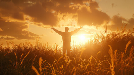 Silhouette of a person with open arms in a field at sunset, feeling free and joyful