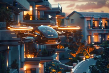 Futuristic Flying Car Touches Down in Glowing Residential Neighborhood