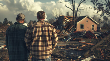 Two individuals stand resilient amidst the debris of a home destroyed by a natural disaster