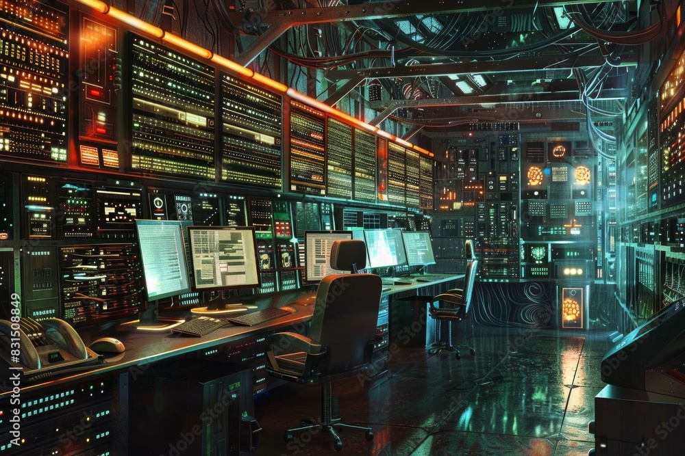 Aufkleber modern data center interior with illuminated server racks and an empty workstation
