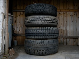 Organized Stack of Four Car Tires in Garage for Wheel Maintenance