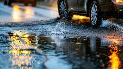 Dynamic Side View of Car Driving on Wet Road with Water Splashing Around Tires