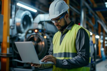 Focused engineer in safety gear using a laptop on the factory floor