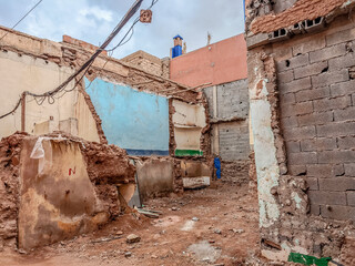 Fototapeta premium Cleared ruins of the building after the earthquake in Marrakech, Morocco. Demolished residential house