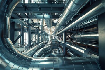 Obraz premium Shiny metal pipelines converge in a complex network within an industrial factory environment