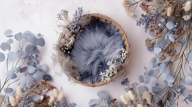 Digital background with fur baby crib and floral decorations, Boho style, composite overlay, round baby basket, dried flowers.