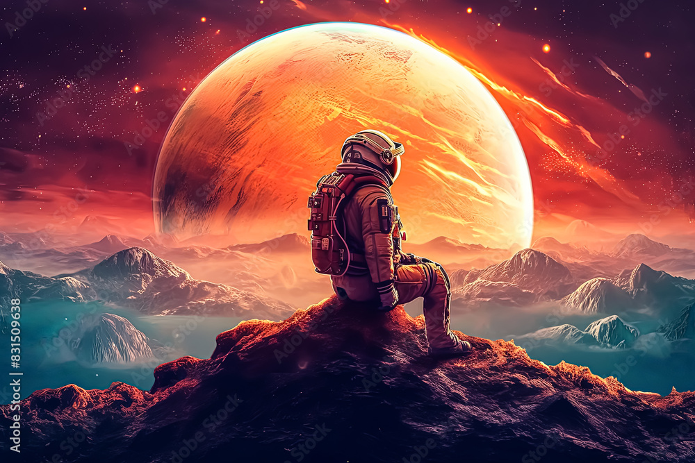 Poster a man in a spacesuit stands on a rocky surface looking up at a red planet.