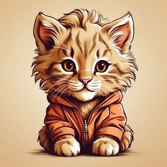 Cute baby kitten in hoodie Vector Logo little animal character, illustration simbol print