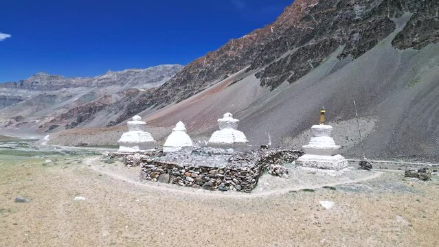 Buddhist stupa in the Himalayas, Little Tibet from a drone, Zanskar from the air