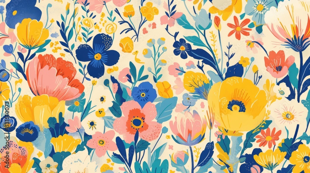 Poster an array of vibrant flowers in various sizes and soft pastel shades set against a backdrop of whimsi