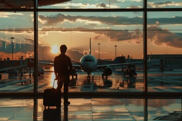 Traveler standing at an airport terminal with an airplane in the background during sunset