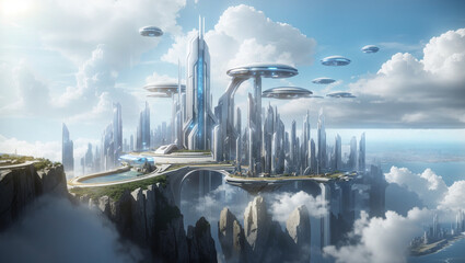 futuristic city floating above the clouds. There are tall buildings, flying cars, and a bridge...