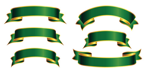 elegant set of green ribbon banner with gold trim transparent background